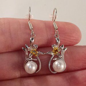 925 Sterling Silver Plated Lily Flower Pearl Dangle Earrings Women's Party Gift